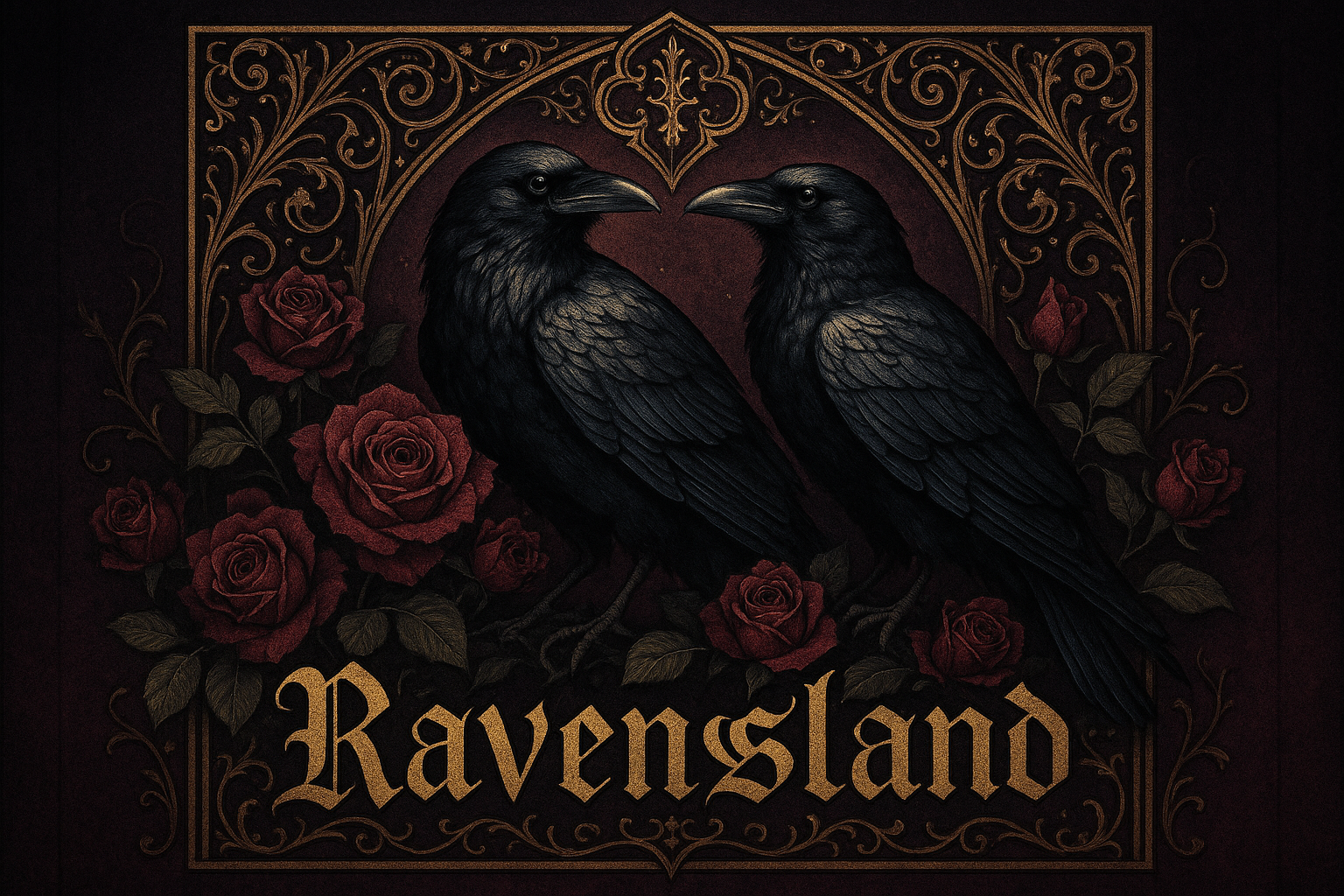 Two Raven and roses around. Under text Ravensland, style gothic, golden text, not too dark to good visibility